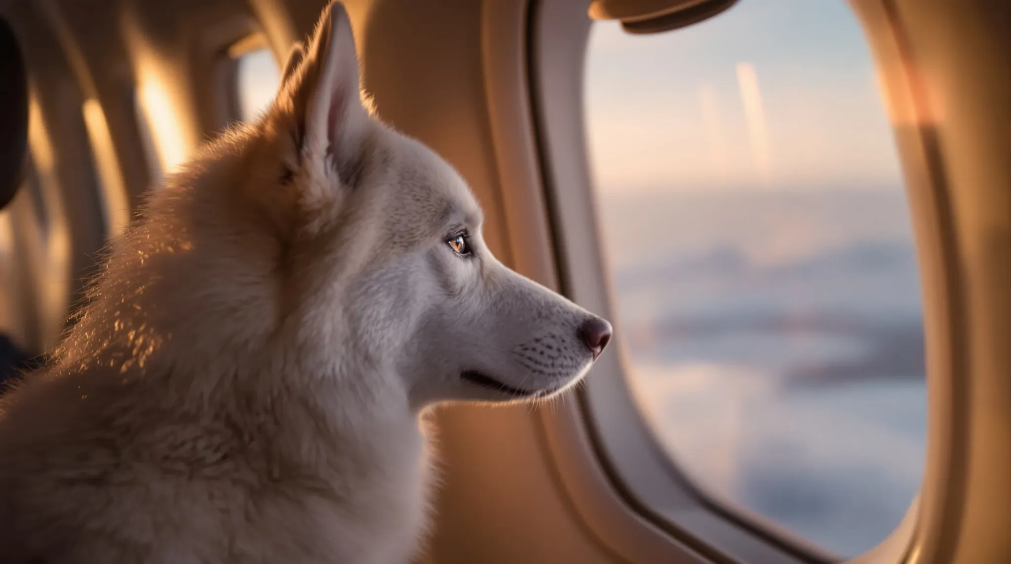 Husky observando janela de aeronave